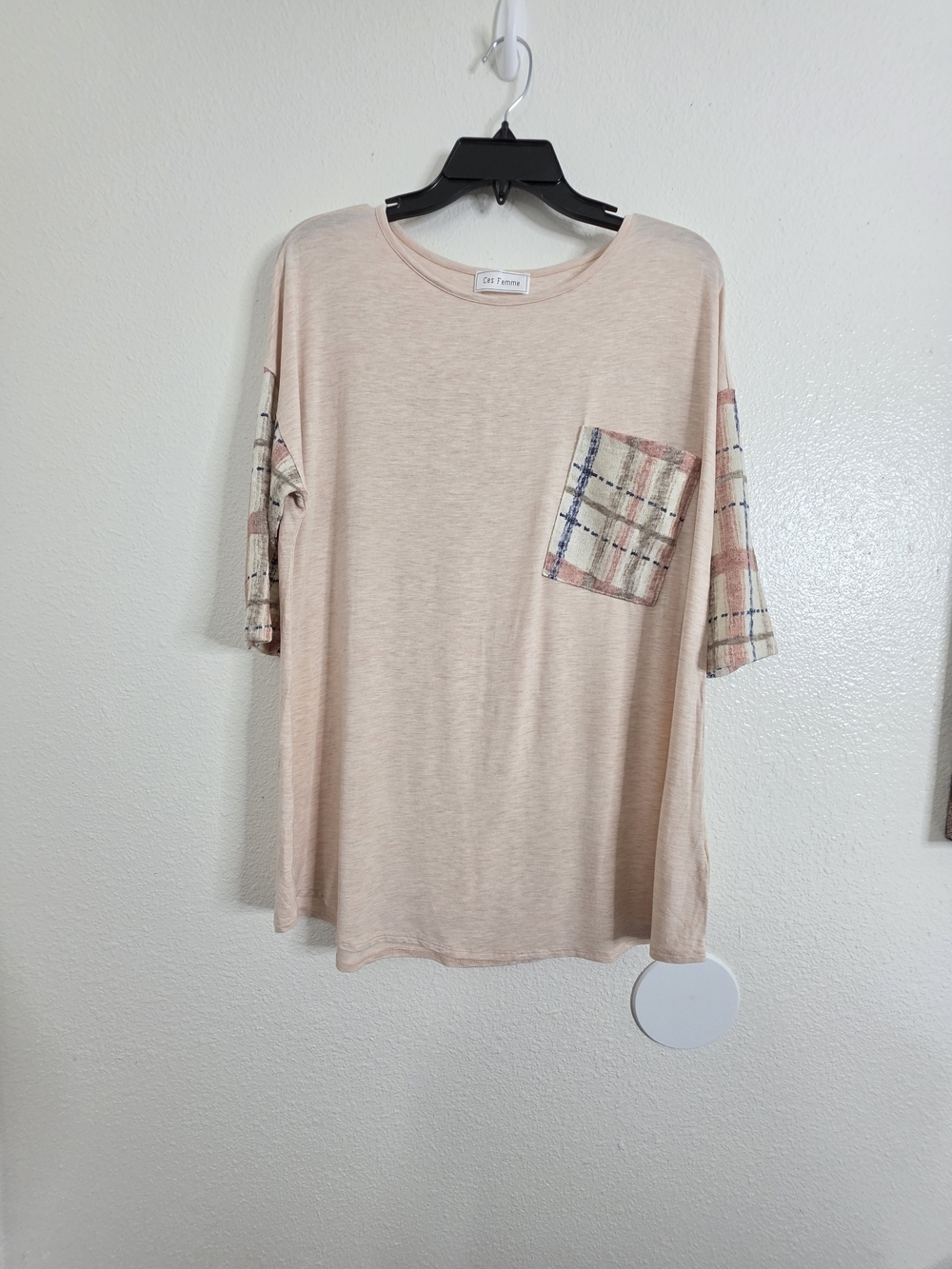 Ces Femme Womens Plaid Contrast Sleeve Pocket Top Medium Blush Pink